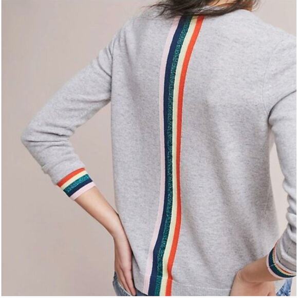 Anthropologie Needle Gray Cashmere Rainbow Varsity Striped Sweater Small